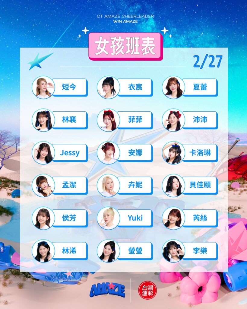 2026 台日棒球交流賽 2 月 27 日 CT AMAZE 啦啦隊女孩應援班表，包含林襄、短今、孟潔等 18 位豪華陣容。