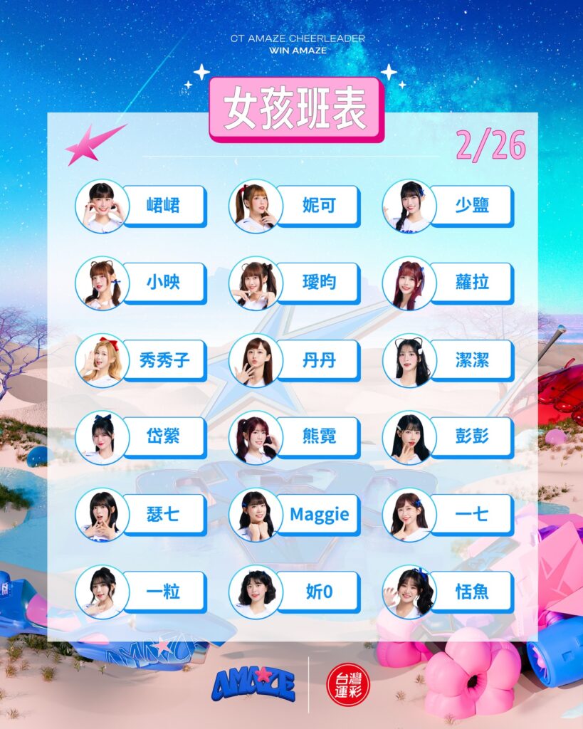 2026 台日棒球交流賽 2 月 26 日 CT AMAZE 啦啦隊女孩應援班表，包含峮峮、一粒、秀秀子等 18 位豪華陣容。
