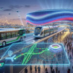 美國國會撥款 1 億美元升級 2026 世界盃交通，圖為未來感的大眾運輸系統與現代化球場示意圖。