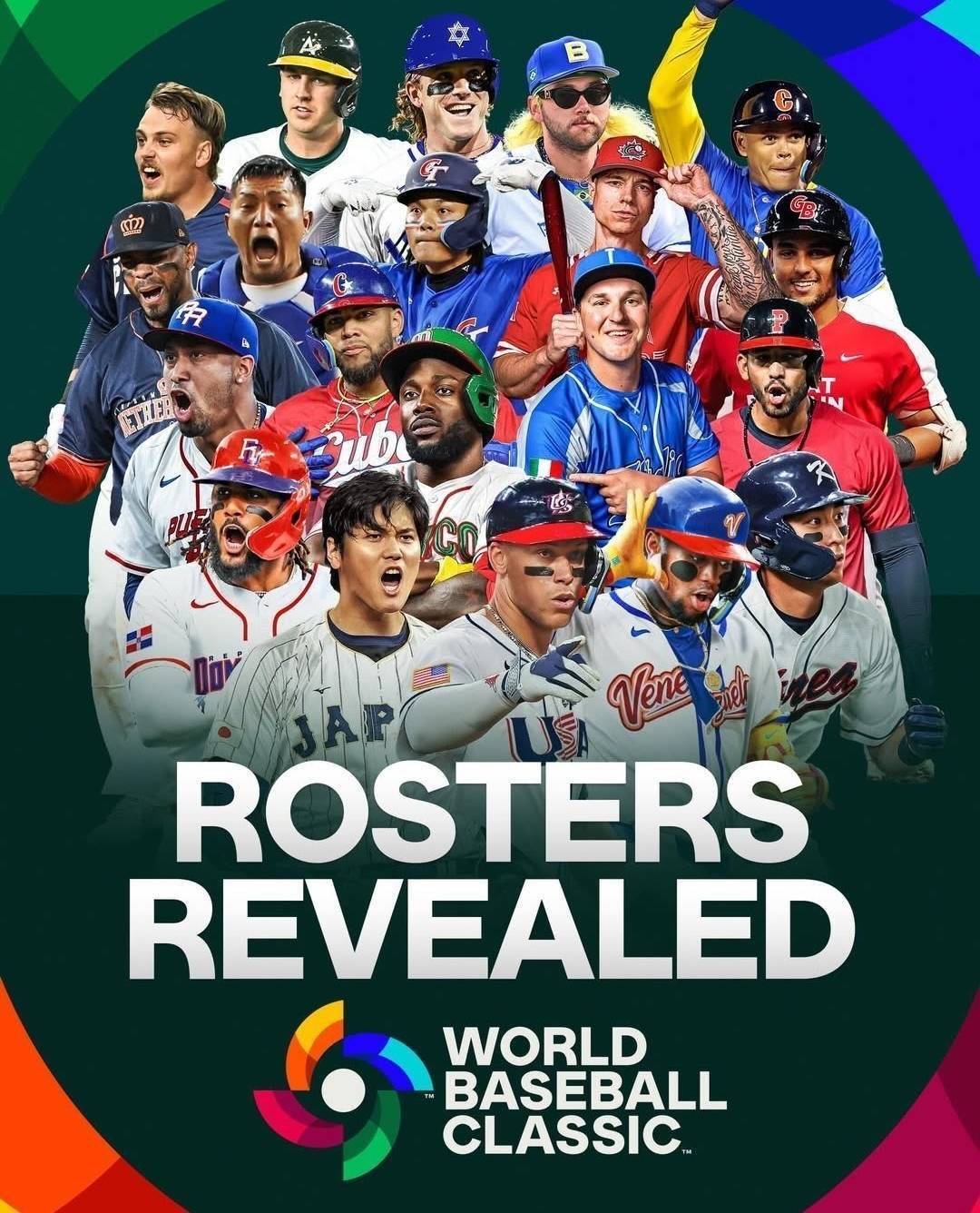 2026 WBC 官方釋出各國名單宣傳海報，中華隊「國防部長」張育成站在第三排中間，與各國球星同框。（圖片來源：WBC Official IG）