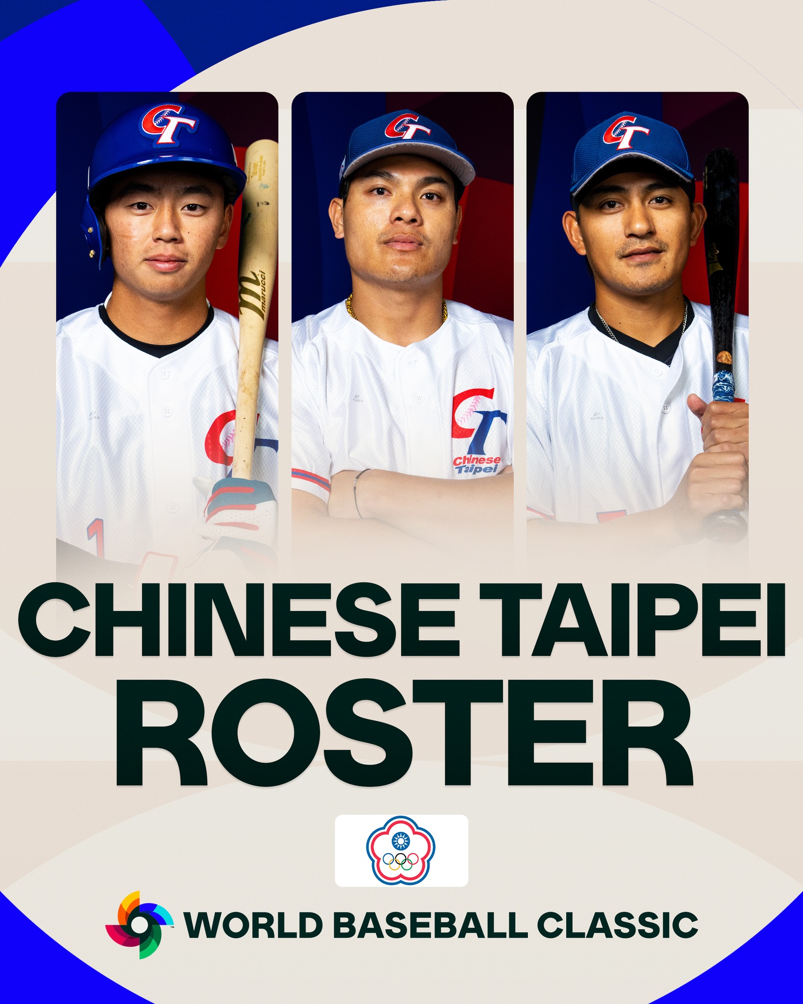 WBC 官方釋出 2026 中華隊（Chinese Taipei）名單宣傳海報，由旅美三劍客鄭宗哲（左）、張育成（中）、林子偉（右）代表台灣。（圖片來源：WBC Official）