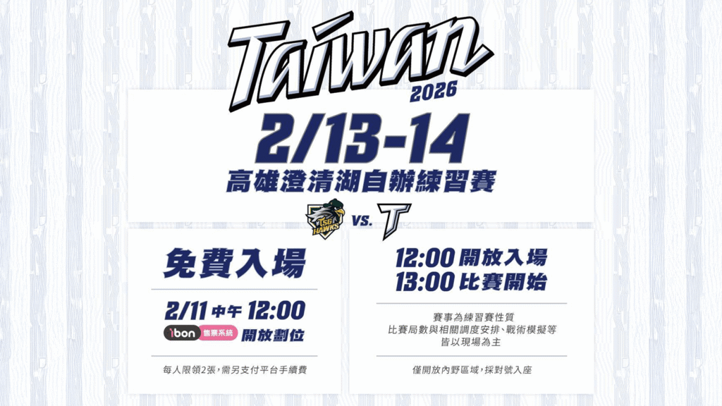 【WBC 熱身賽】本週中華隊自辦練習賽高雄免費入場！2/11 中午開放劃位